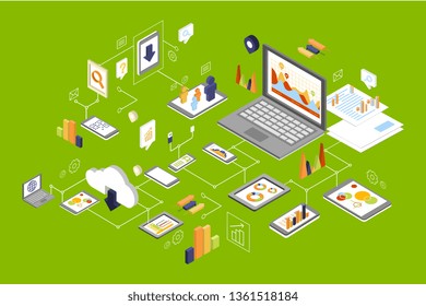 Different devices connected, technology and social media, computer network processing vector Illustration