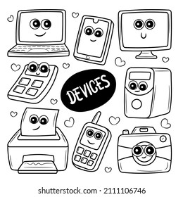 Diferentes dispositivos con colecciones de elementos de doodle dibujados a mano
