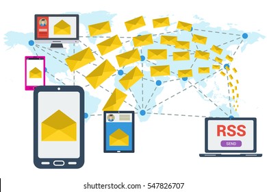 Different devices received a letter and computer sending many yellow envelopes around the world. Vector concept of communication and e-mailing worldwide, RSS. Illustration in flat style