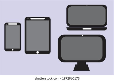 Different devices : smartphone, tablet, laptop and desktop computer . Icons and illustrations 
