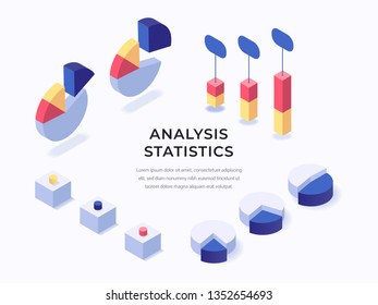 Different diagrams and charts isometric vector illustration. Business charts, infographic elements