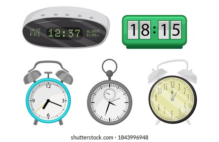 Different Digital Clocks and Alarm Clock as Device for Measuring and Indicating Time Vector Set