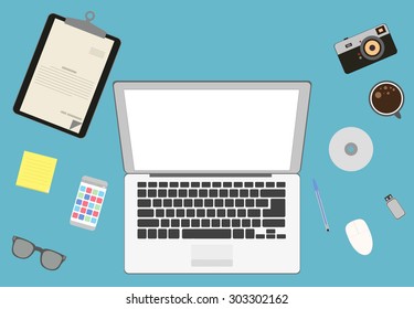 different digital devices on the table. view from above. Set of Flat vector design illustration of modern business office and workspace