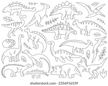 Different dinosaur linear silhouettes, prehistoric animal outline design isolated wild predator set isolated on white background. Jurassic dino monster reptile line character vector illustration