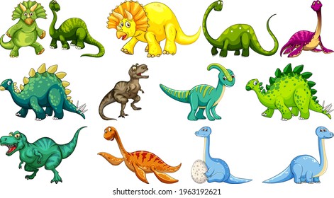 Different dinosaurs cartoon character and fantasy dragons isolated illustration