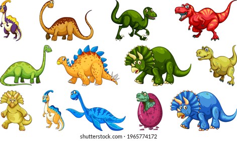 Different dinosaurs cartoon character and fantasy dragons isolated illustration