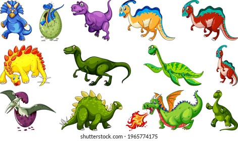 Different dinosaurs cartoon character and fantasy dragons isolated illustration