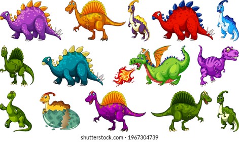 Different dinosaurs cartoon character and fantasy dragons isolated illustration