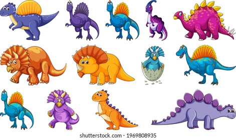 Different dinosaurs cartoon character and fantasy dragons isolated illustration