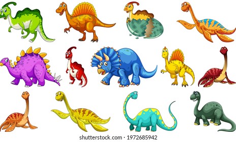 Different dinosaurs cartoon character and fantasy dragons isolated illustration