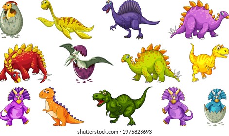 Different dinosaurs cartoon character and fantasy dragons isolated illustration