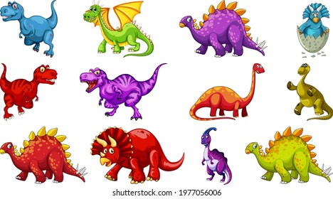 Different dinosaurs cartoon character and fantasy dragons isolated illustration