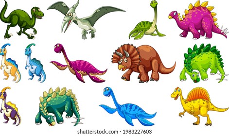 Different dinosaurs cartoon character and fantasy dragons isolated illustration