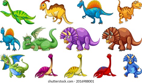 Different dinosaurs cartoon character and fantasy dragons isolated illustration