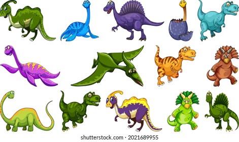 Different dinosaurs cartoon character and fantasy dragons isolated illustration