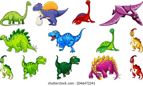 Different dinosaurs cartoon character and fantasy dragons isolated illustration