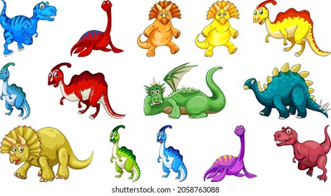 Different dinosaurs cartoon character and fantasy dragons isolated illustration