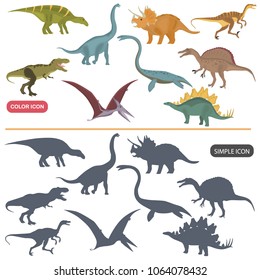 Different dinosaurs color flat and simple icons set
