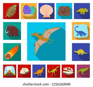 Different dinosaurs flat icons in set collection for design. Prehistoric animal vector symbol stock web illustration.
