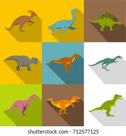 Different dinosaurs icon set. Flat style set of 9 different dinosaurs vector icons for web design