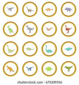 Different dinosaurs icons circle gold in cartoon style isolate on white background vector illustration