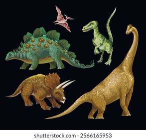 Different dinosaurs isolated on the black background. Vector