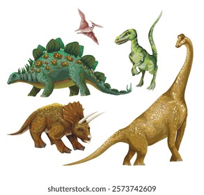 Different dinosaurs isolated on the white background. Vector