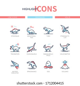 Different dinosaurs - line design style icons set. Extinct animals, dino collection. Stegosaur, brontosaurus, t-rex, pterodactylus, triceratops, plesiosaurus, parasaurolophus, spinosaurus, volcano