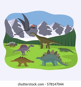 Different dinosaurs in nature. flat vector illustration in cartoon style