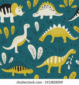 Different dinosaurs on a dark background - Seamless pattern. Vector Background for fabric, textile, posters, gift wrapping paper. Print for kids, baby, children