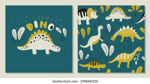 Different dinosaurs on a dark  background - Seamless pattern and print. Vector Background for fabric, textile, posters, gift wrapping paper. Print for kids, baby, children