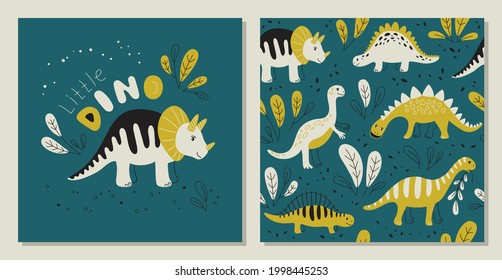 Different dinosaurs on a dark  background - Seamless pattern and print. Vector Background for fabric, textile, posters, gift wrapping paper. Print for kids, baby, children