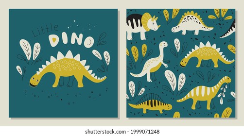 Different dinosaurs on a dark  background - Seamless pattern and print. Vector Background for fabric, textile, posters, gift wrapping paper. Print for kids, baby, children