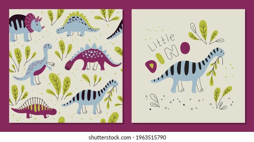 Different dinosaurs on a light background  - Seamless pattern and print. Vector Background for fabric, textile, posters, gift wrapping paper. Print for kids, baby, children