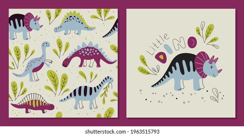 Different dinosaurs on a light background  - Seamless pattern and print. Vector Background for fabric, textile, posters, gift wrapping paper. Print for kids, baby, children