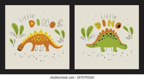 Different dinosaurs on a light background  - set of prints. Vector Print for kids, baby, children