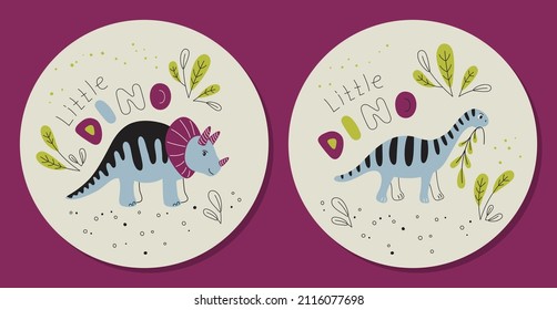 Different dinosaurs on a light background - set of prints, sticker. Vector Print for kids, baby, children. Composition in a circle 
