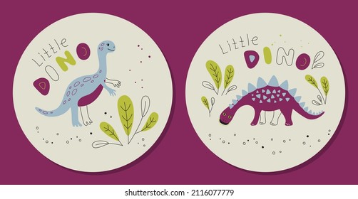 Different dinosaurs on a light background - set of prints, sticker. Vector Print for kids, baby, children. Composition in a circle 

