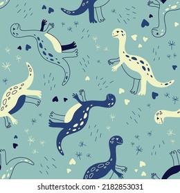 Different dinosaurs. Seamless pattern, print for children, kids, baby. Vector Background for fabric, textile, posters, gift wrapping paper.