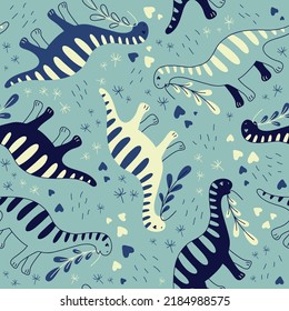 Different dinosaurs. Seamless pattern, print for children, kids, baby. Vector Background for fabric, textile, posters, gift wrapping paper.