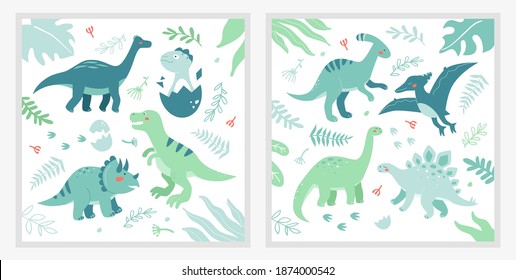 Different dinosaurs - set of flat design style illustrations with cute cartoon characters. Dino collection of extinct animals, ornitosaurus, T-rex, diplodocus, stegosaur, triceratops, parasaurolophus