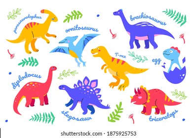 Different dinosaurs - set of flat design style characters. Extinct animals, dino collection. Bright images of ornitosaurus, brachiosaurus, T-rex, diplodocus, stegosaur, triceratops, parasaurolophus