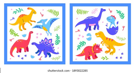 Different dinosaurs - set of flat design style illustrations with cute cartoon characters. Dino collection of extinct animals, ornitosaurus, T-rex, diplodocus, stegosaur, triceratops, parasaurolophus