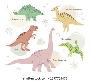 Different dinosaurs - set of flat design style characters. Extinct animals, dino collection. Prehistoric times idea. Colorful images of pteranodon, brachiosaurus, T-rex, stegosaur, parasaurolophus