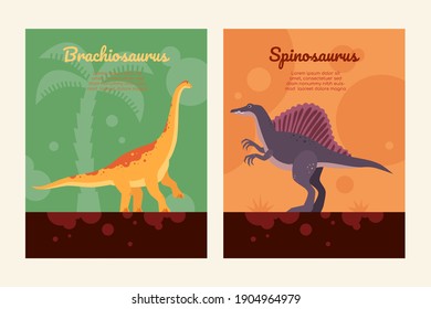 Different dinosaurs - set of flat design style posters with copy space for text. Spinosaurus and brachiosaurus colorful images. Dino collection, extinct animals. Education, learning names idea