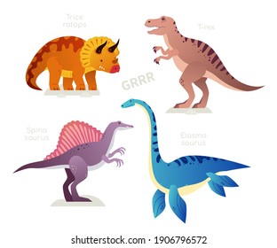 Different dinosaurs - set of flat design style characters on white background. T-rex, triceratops, elasmosaurus and spinosaurus images. Dino collection of extinct animals. Paleontology concept