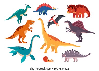 Different dinosaurs - set of flat design style animals on white background. Pteranodon, stegosaurus, parasaurolophus, brachiosaurus, ankylosaurus, spinosaurus, triceratops, elasmosaurus, T-rex images