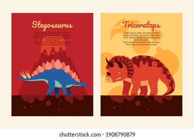Different dinosaurs - set of flat design style posters with copy space for text. Stegosaurus and triceratops colorful images. Dino collection of extinct animals. Education, learning names idea