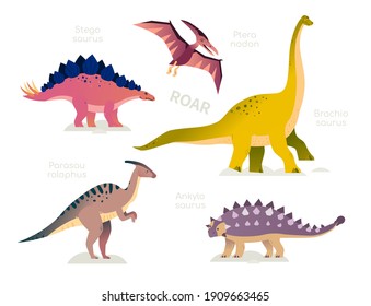 Different dinosaurs - set of flat design style characters on white background. Pteranodon, stegosaurus, parasaurolophus, brachiosaurus, ankylosaurus images. Dino collection, extinct animals idea