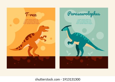 Different dinosaurs - set of flat design style posters with copy space for text. T-rex and parasaurolophus colorful images. Dino collection, extinct animals. Education, learning names, paleontology